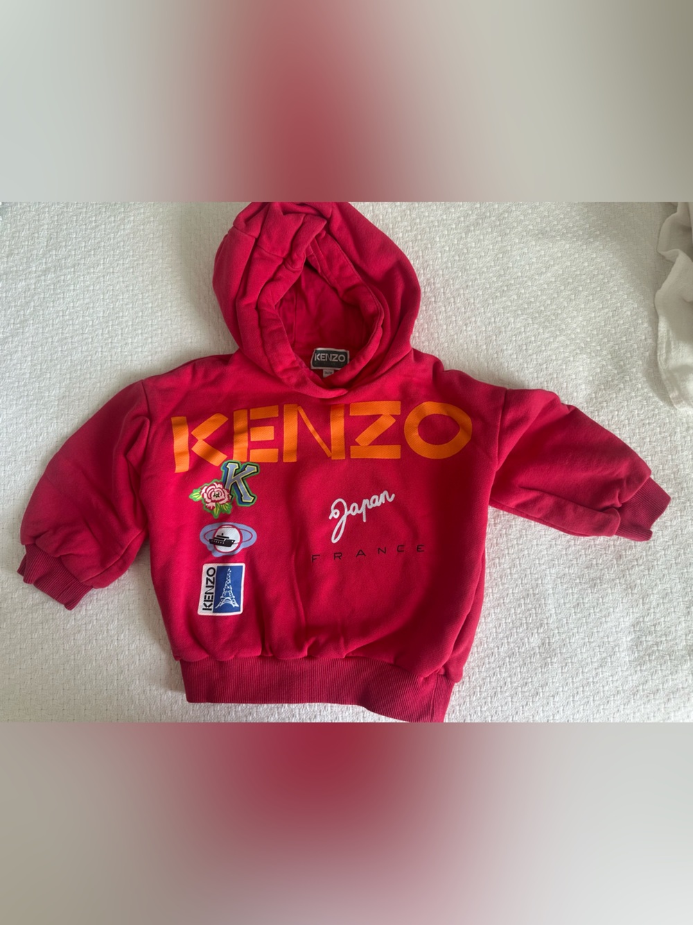 Kenzo Kids Red Hoodie with Orange Logo and Patch Details